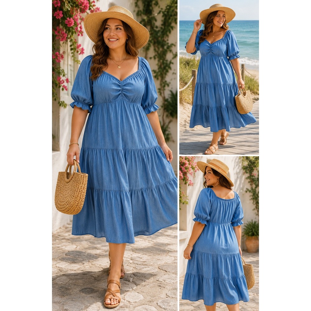 BloomChic Blue Tiered Midi Dress Puff Sleeve Sweetheart Neck Denim Look US 10